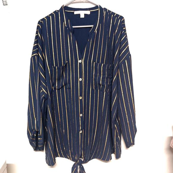 NWOT Button-Up Long Sleeve Blouse - 'GOOD DAYS ONLY' - Size 3X Navy/Gold - Picture 1 of 5